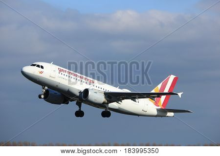 Amsterdam the Netherlands - April 7th 2017: D-AKNO Germanwings Airbus A319 takeoff from Polderbaan runway Amsterdam Airport Schiphol