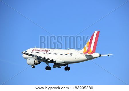 Amsterdam the Netherlands - April 7th 2017: D-AKNO Germanwings Airbus A319 takeoff from Polderbaan runway Amsterdam Airport Schiphol