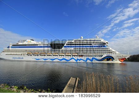 Velsen the Netherlands -April 19th 2017: Aida Sol on North Sea Canal on it's way to the Amsterdam Cruise Terminal
