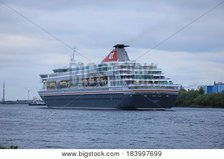 Velsen The Netherlands - April 27th 2017: Balmoral Fred Olsen Cruise Lines in North Sea Canal towards IJmuiden sealock