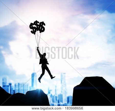 Silhouette of a businessman crossing a void flying with dollar sign balloons. Cityscape in the background. Mock up