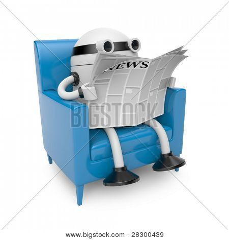 Robot read newspaper. Image contain clipping path