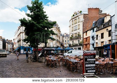 Rennes, France - July 23, 2018: Square With Restaurant Terraces In Historic Centre Of The City. Renn