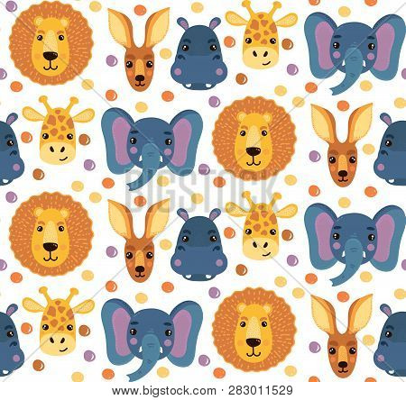 Cute Animal Faces Kangaroo Lion Elephant Hippo Girrafe Seamless Vector Pattern