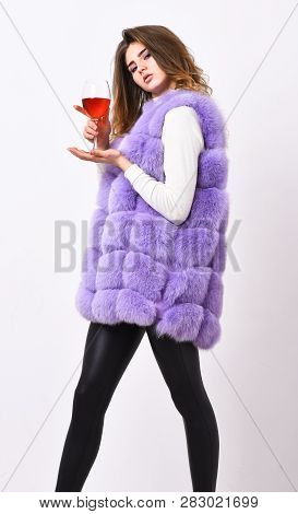 Woman Drink Wine. Lady Fashion Model Curly Hairstyle Likes Expensive Luxury Wine. Hedonism Concept. 