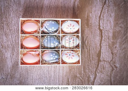 Easter Eggs Hand Painted Inside A Gift Box, Photo For Advertising Use.