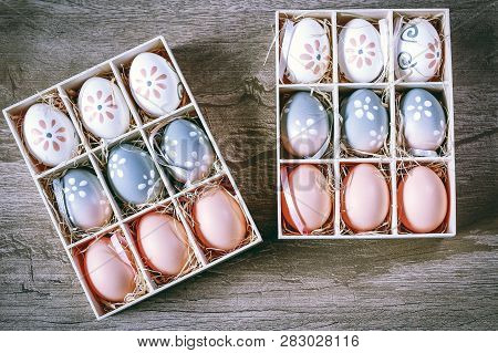 Easter Eggs Hand Painted Inside A Gift Box, Photo For Advertising Use.
