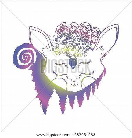 Color Neon Illustration Of A Psychedellic Animal In Meditation, Fractal Trees, Inversion.