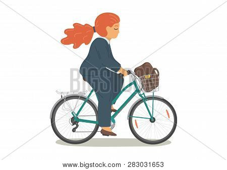 Woman In Formal Clothes On Bike With Basket. Businesswoman With Bag Cycling On White Background.
