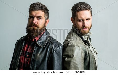 Feel Confident In Brutal Leather Clothes. Brutal Men Wear Leather Jackets. Men Brutal Bearded Hipste