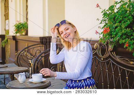 Mug Of Good Coffee In Morning Gives Me Energy Charge. Woman Elegant Happy Face Have Coffee Cafe Terr
