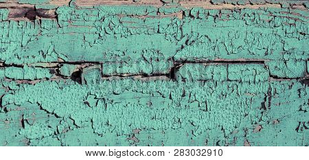 Old Wood Texture. Weathered Wooden Board, Blue Color Paint And Cracks.