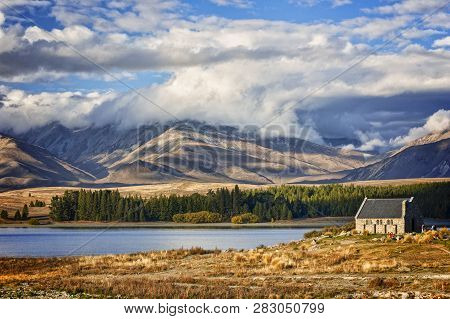 Lake Tekapo And The Church Of The Good Shepherd, Canterbury, New Zealand, And The Two Thumb Range. T