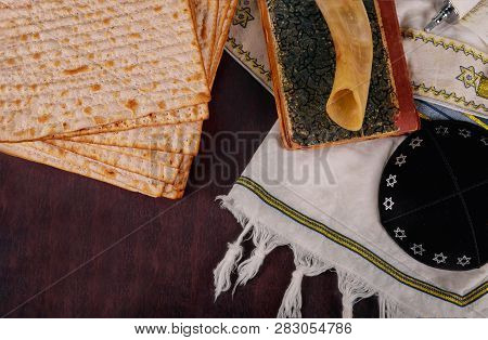 Pesah Jewish Passover Holiday Celebration Concept Matzot Shofar And Tallit