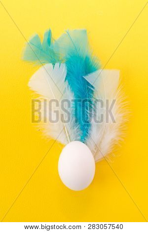 Easter Egg With White Feathers. Colorful Easter Background . Easter Postcard
