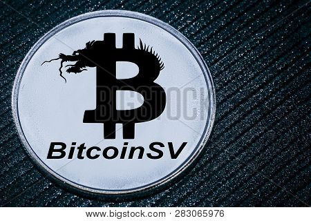 Coin Cryptocurrency Bitcoin Sv On A Grey Shiny Background. Bsv Satoshi Vision.