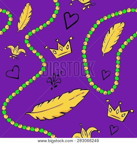 Seamless Pattern With Beads, Masks And Other Attributes In The Colors Of The Mardi Gras Festival