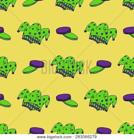 Seamless Pattern With Beads, Masks And Other Attributes In The Colors Of The Mardi Gras Festival