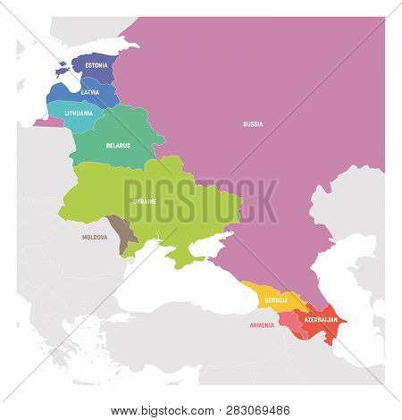 East Europe Region. Colorful Map Of Countries In Eastern Europe. Post Soviet And Caucasian Countries