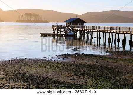 January 16, 2019 In Marshall, Ca:  Rustic Wooden Fishing Pier At Nicks Cove And Boat Launch On Tomal