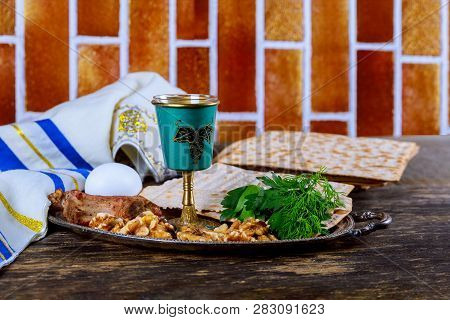 Table Ready For Traditional Seder Plate Ritual The Jewish Holiday Of Passover Kiddush Wine Cup, Hagg