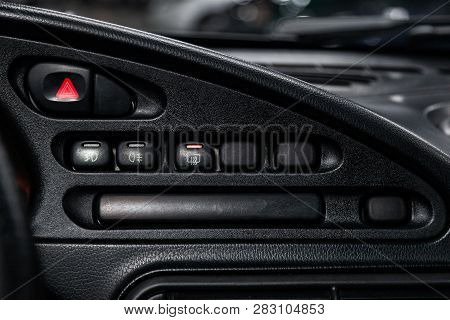 Novosibirsk, Russia - February 08, 2019: Chevrolet Niva, Close-up Of The Headlight Adjustment Button