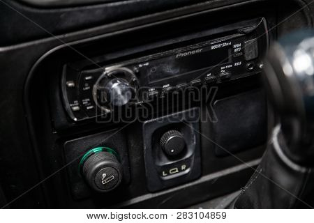 Novosibirsk, Russia - February 08, 2019: Chevrolet Niva, Close-up Of The Dashboard, Radio, Player. P