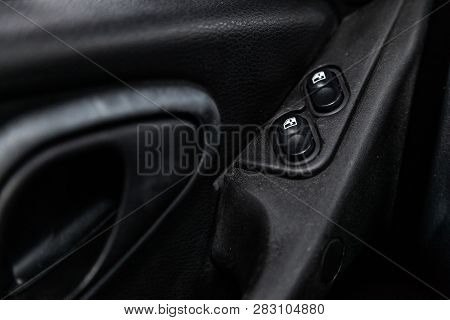 Novosibirsk, Russia - February 08, 2019: Chevrolet Niva, Close-up Of The Side Door Buttons: Window A