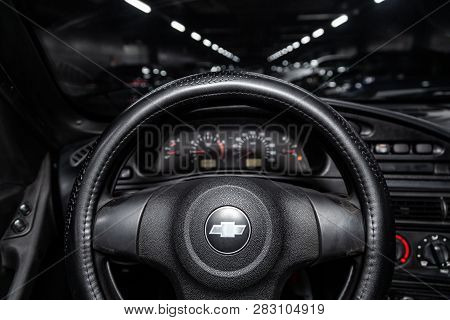 Novosibirsk, Russia - February 08, 2019: Chevrolet Niva, Close-up Of The Dashboard, Speedometer And 