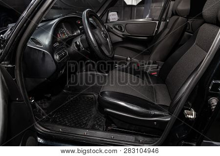 Novosibirsk, Russia - February 08, 2019: Chevrolet Niva, Close-up Of The Dashboard, Speedometer And 