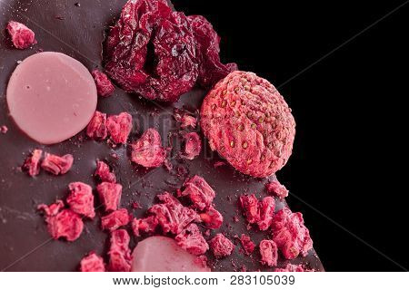 Strawberry Chocolate, Macro Photo With Piece Of Strawberries And Raspberries. Strawberries And Raspb
