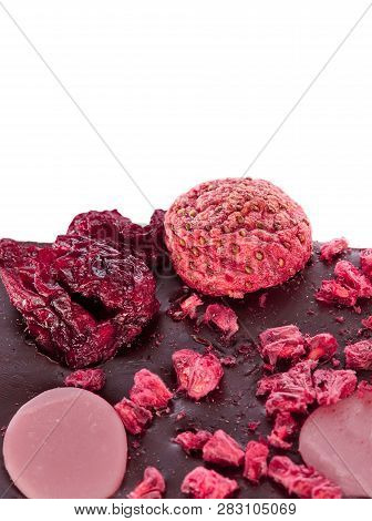 Strawberry Chocolate, Macro Photo With Piece Of Strawberries And Raspberries. Strawberries And Raspb