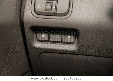 Novosibirsk, Russia - February 08, 2019: Kia Optima, Close-up Of The Headlight Adjustment Buttons, T
