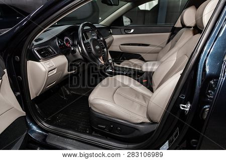 Novosibirsk, Russia - February 08, 2019: Kia Optima, Close-up Of The Dashboard, Speedometer And Tach