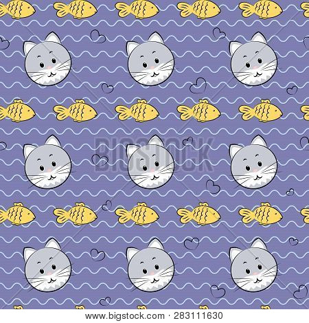 Hand Drawn Cat And Fith On The Blue Background With Hearts.