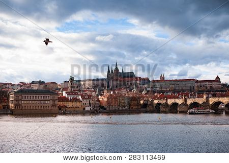 View On The Roofs In Stare Misto. Prague. Sunset