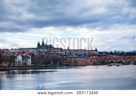 View On The Roofs In Stare Misto. Prague. Sunset
