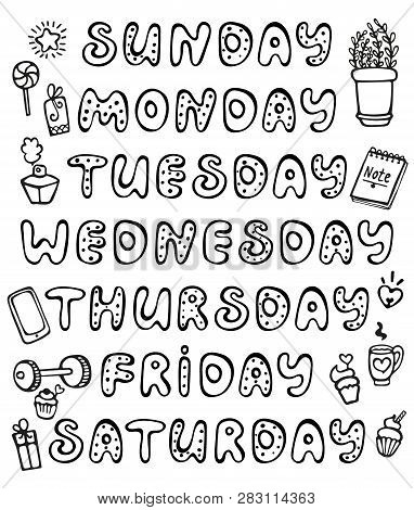 Hand Drawn Vector Weekdays And Elements For Notebook, Diary, Calendar, Schedule, Sticker, Bullet Jou