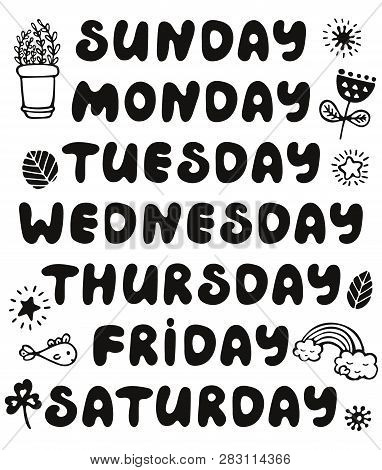 Hand Drawn Vector Weekdays And Elements For Notebook, Diary, Calendar, Schedule, Sticker, Bullet Jou