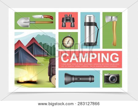 Realistic Camping Elements Composition With Shovel Axe Knife Binoculars Compass Thermos Flashlight C