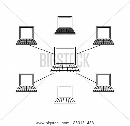 Connected Laptops, Wifi Internet Wireless Link Vector. Portable Computers Linked To Main Device Mono