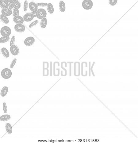 Bitcoin, Internet Currency Coins Falling. Scattered Black And White Btc Small Coins. Jackpot Or Succ