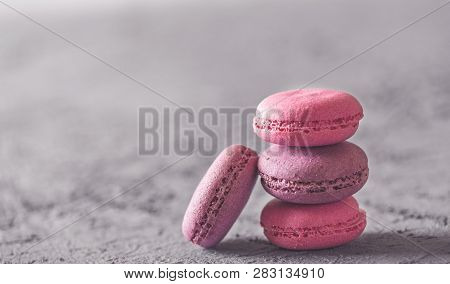 Beautiful Colorful Delicious Desserts Makarons, Stack On Gray Stone Background