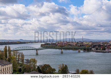 Aerial View Of The Hungarian City Esztergom, Slovakian City Sturovo And Danube River Including Spire