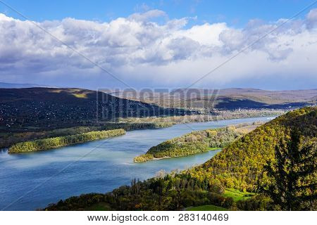 Aerial View Of The Hungarian City Esztergom, Slovakian City Sturovo And Danube River Including Spire