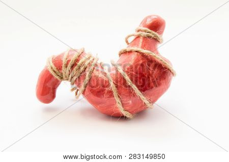 Anatomical Model Of Human Stomach, Tied With Rope Lying On White Background. Idea For Stomach Cramps