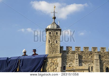 London, Uk - September 1, 2018. Looking Up At The Castle Walls Of The Tower Of London With Ravenmast