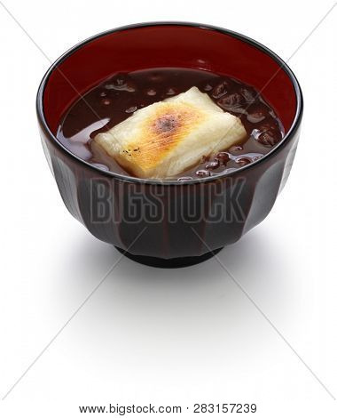 oshiruko, sweet red bean soup with grilled mochi (rice cake), japanese traditional dessert
