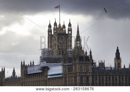 London, England - February 12, 2018. View Of Big Ben And The Houses Of Parliament Under Rennovation,