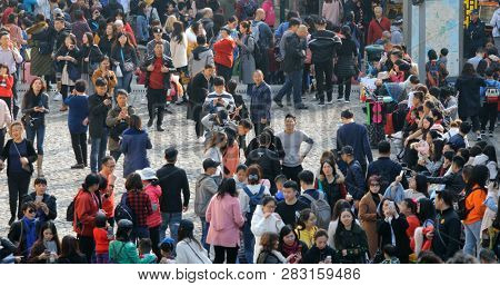 Largo Do Senado, Macau- 22 January 2019: Macau city with chinese new year decoration